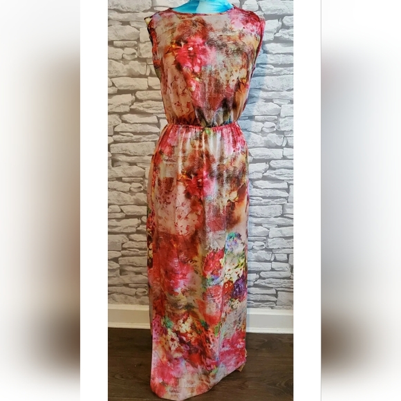 RIVER ISLAND watercolour Maxi Dress Womens Size 8 uk high side split sleeveless - Picture 2 of 8